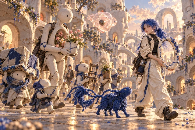 A blue-haired figure and sculptural companions walk through a luminous porcelain city.