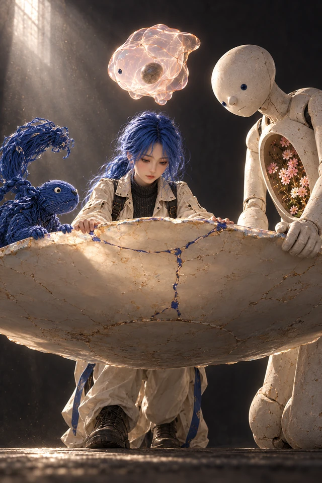 A blue-haired figure studies a large cracked vessel with a blue animal, a white figure and a floating pink form.