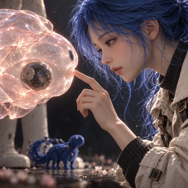A blue-haired figure reaches one finger toward a translucent pink floating form, with a small blue companion behind.