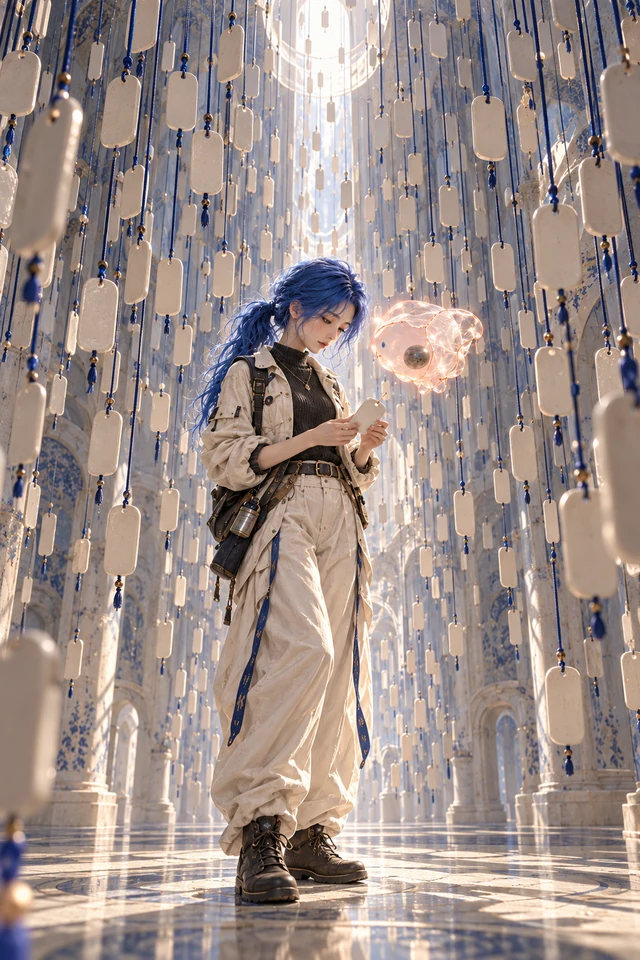 A blue-haired figure walks beneath a dense hanging field of pale vertical tags and blue details.