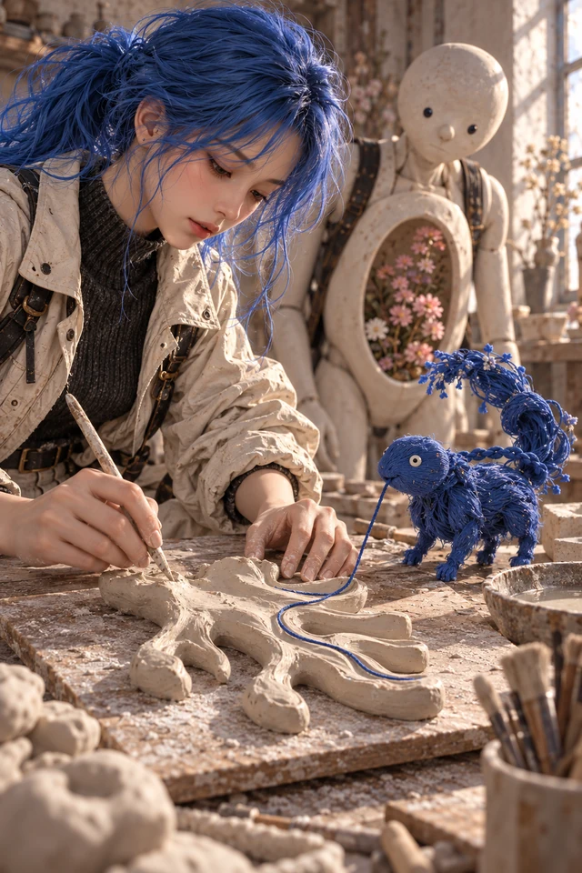 A blue-haired figure works on small clay forms at a table, watched by white and blue companions.