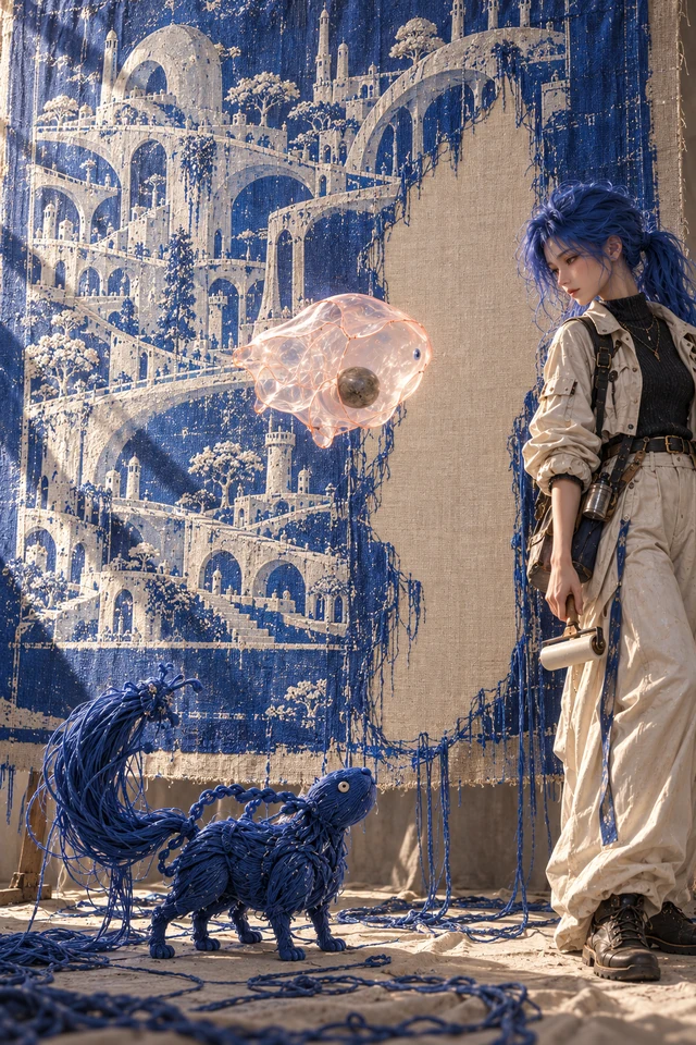 A blue-haired figure and blue companion stand before a towering blue-and-ivory surface with a blank human silhouette.