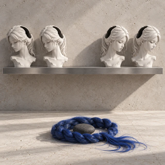 Four white portrait busts stand on a narrow shelf above a vivid blue braid lying on the floor.