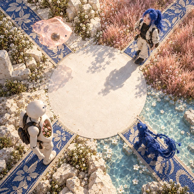 Four companions gather around an empty pale circular center in an overhead view of a flowering garden.