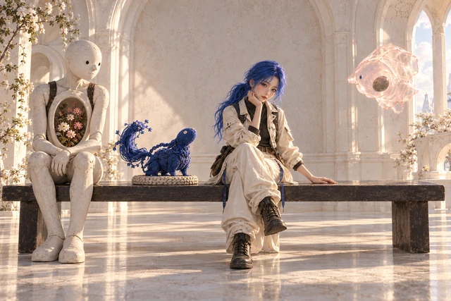 A blue-haired figure shares a long bench with a white figure, blue animal and hovering pink form.